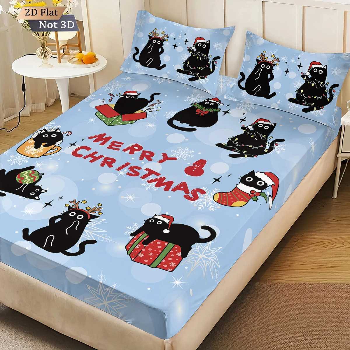 3pcs Christmas cat print coreless bed sheet set multiple size bedcover bedroom bedding holiday decorations soft machine washableM251118