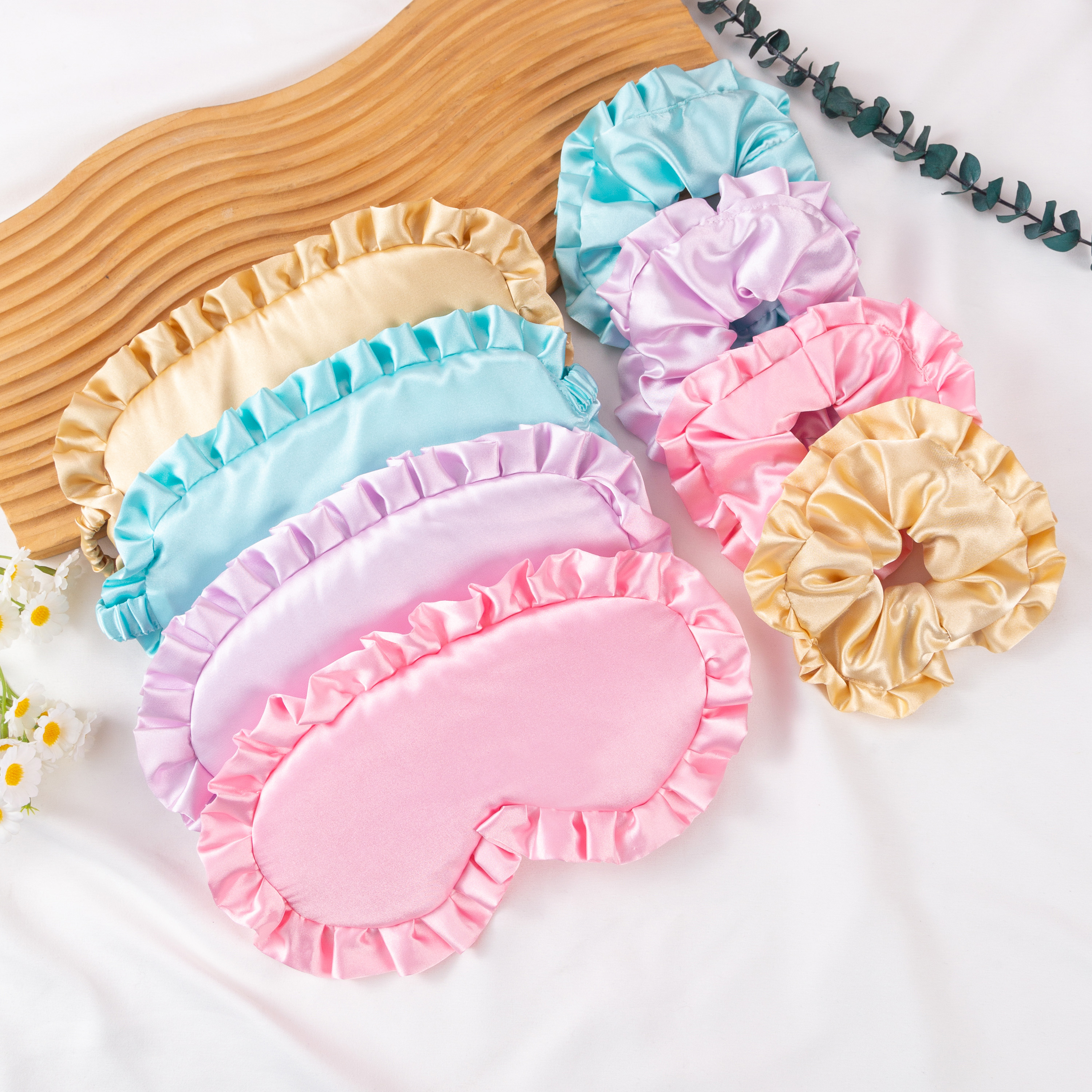 Silk-like lace eye mask and hair tie 2-piece set, lotus leaf edge, outdoor light-blocking sleep eye mask, fresh and clean style