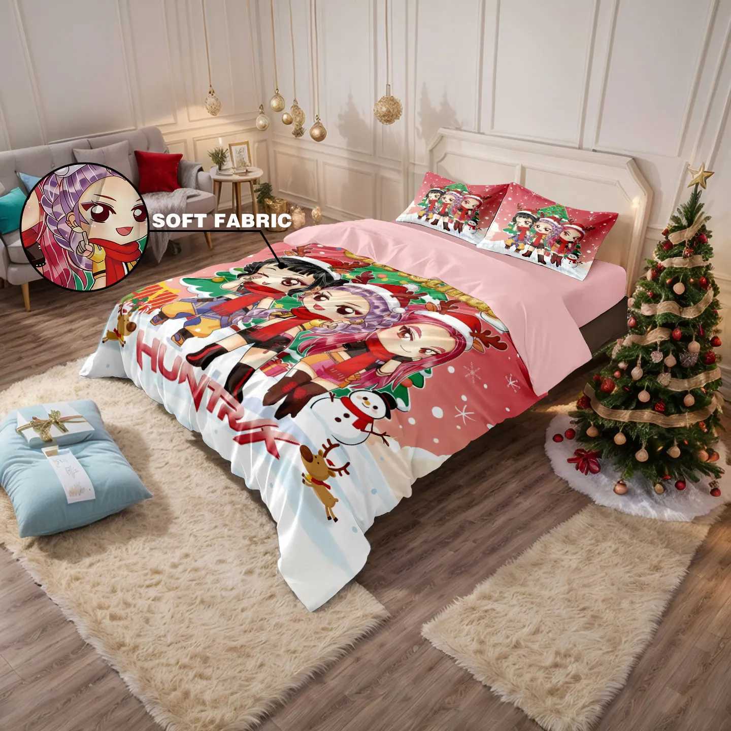 3pcs K-Pop Demon Hunters Merry Christmas Print Coreless Quilt Set Bedrooms Dormitory Bedding Set Soft Machine WashableM251118