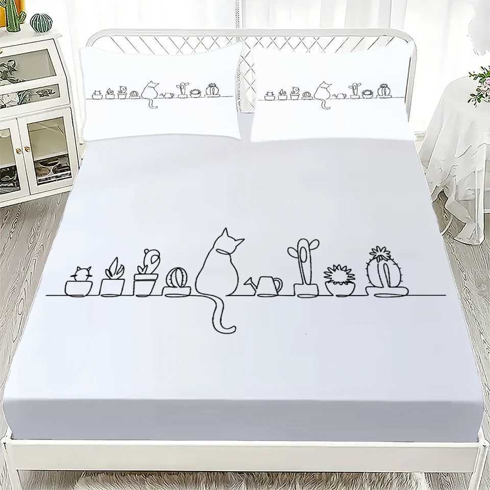 3pcs White Fitted Sheet Set Lovely Cartoon Cat Dog Print 100 Polyester Breathable Bedding Set for Home Decor with 2 casesM251118