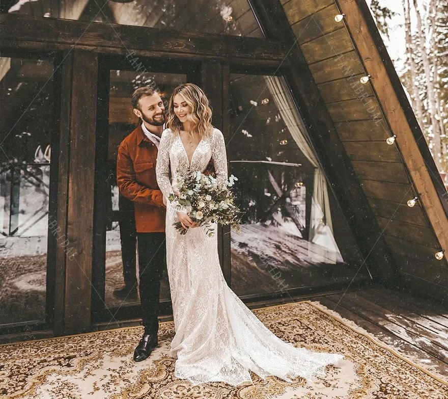 Bohemian beach Lace Wedding Dresses Long Sleeve western country cowgirl Bridal Gowns V-Neck Fashion Vestido De Noivas S7502