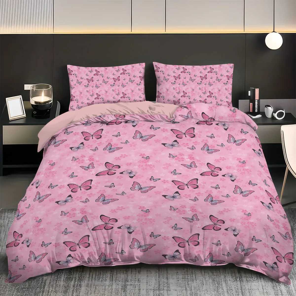 3-piece Pink Butterfly Printed Coreless Bedding Set Soft and Comfortable Suitable for Various Sizes of Dormitory BedroomsM251118