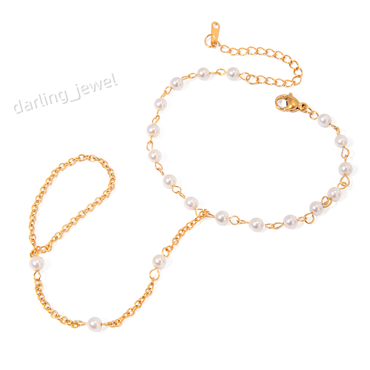 J D 18K PVD Plating White Pearl O Shaped Chain Hand Chain Bracelet Finger Bracelet