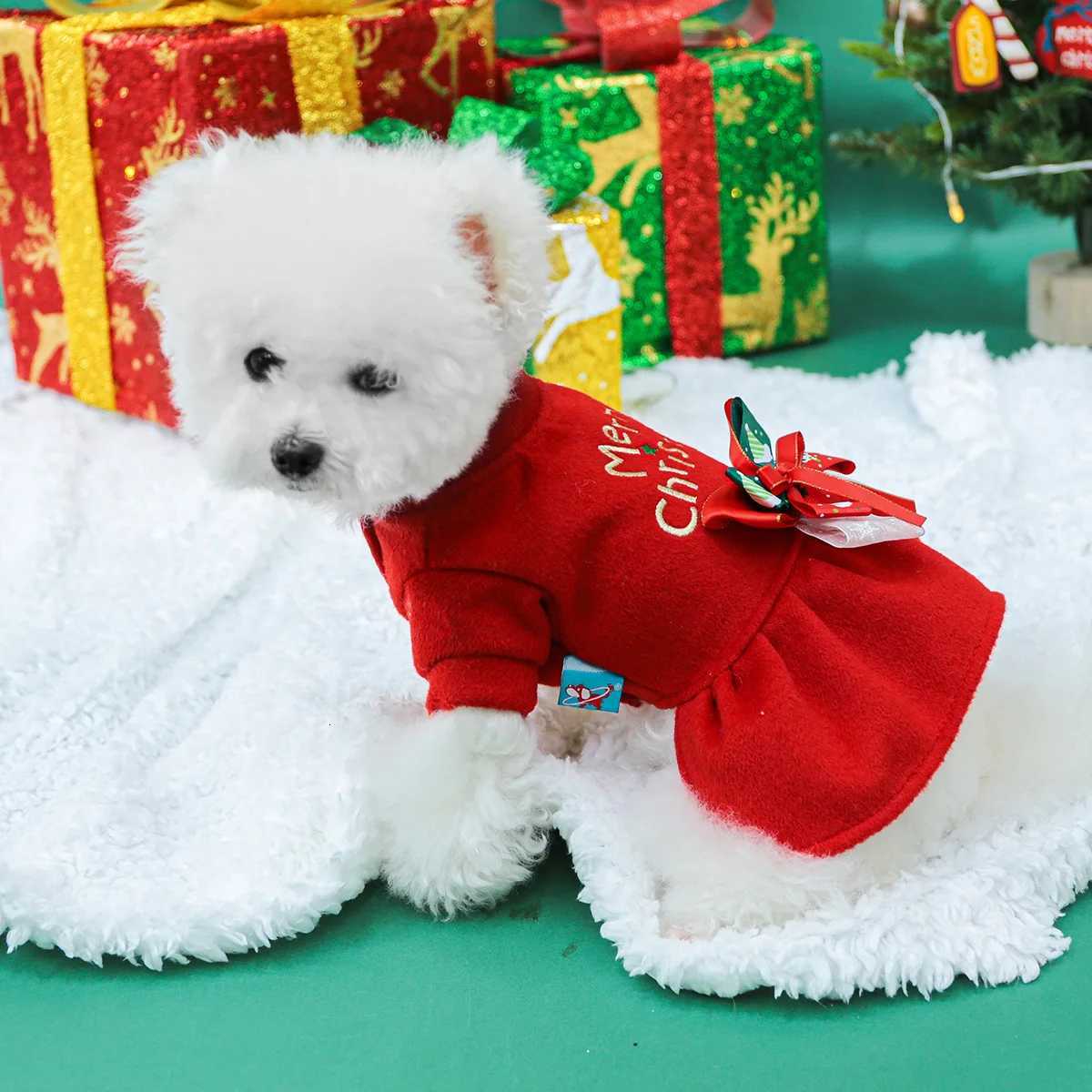 Pet Dog Cat Clothing Autumn and Winter Warm Christmas Red Thickened Warm Dress C251118
