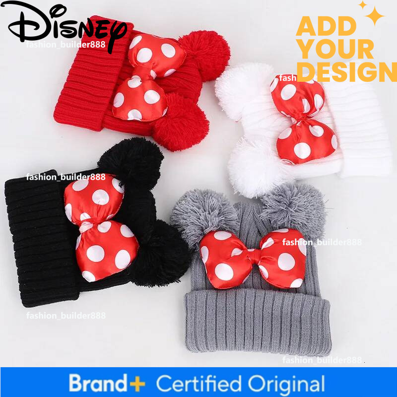 Custom Disney Minnie Bow Knitted Hat Winter Warm Bonnet Hats for Boys Girls Cute Cartoon Mickey Beanie Cap with Pompom Kids Gifts