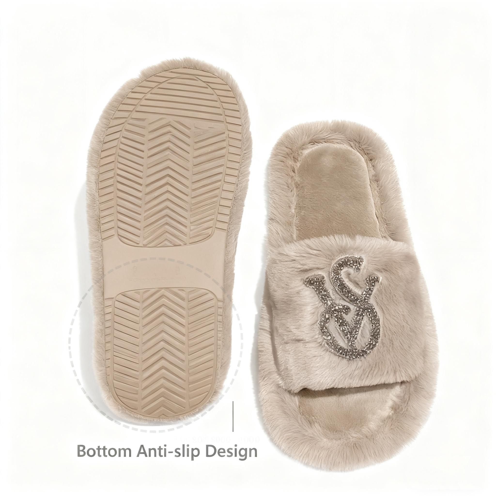 Women's Faux Fur Slides Slippers Winter Warm Rhinestone Decor Open-Toe House Shoes Fluffy Indoor Outdoor Non-Slip Footwear