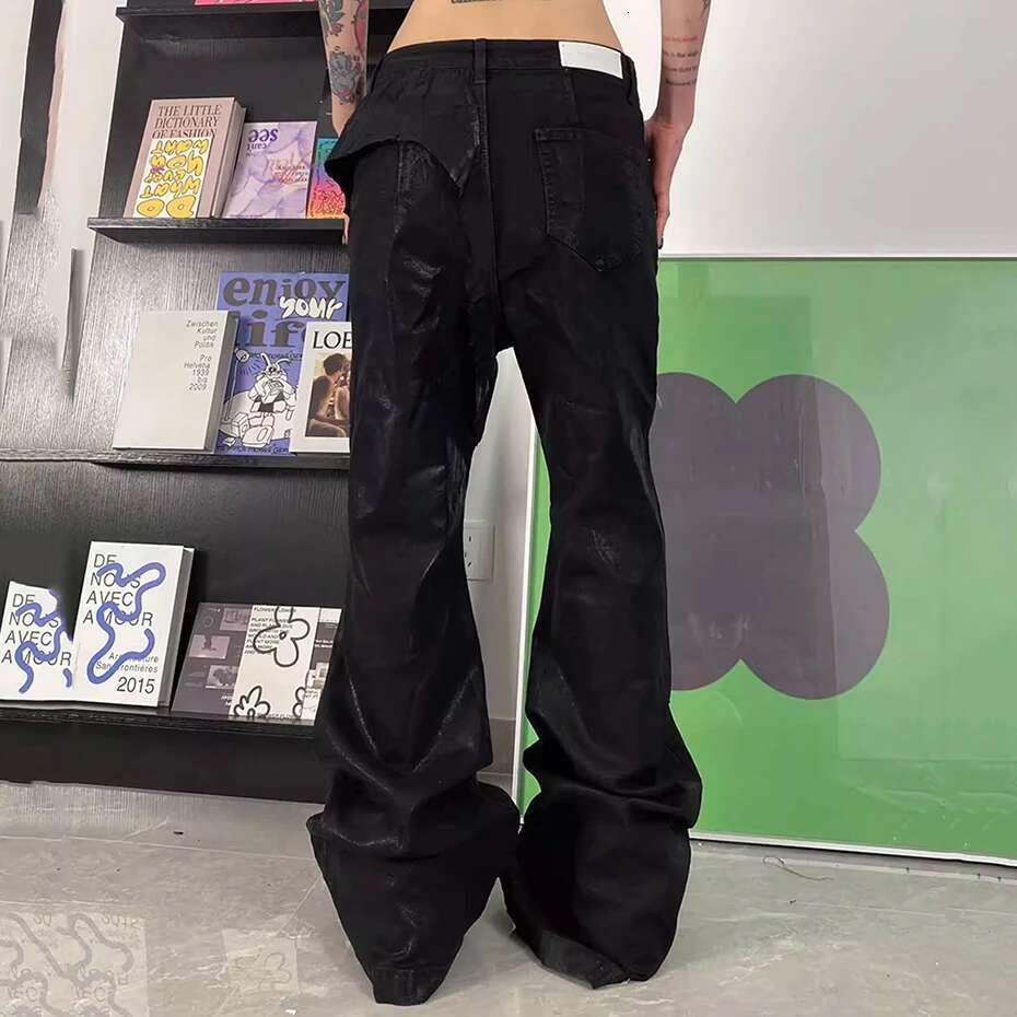RO Style Flared Men's Hi Street Broken Patchwork Black Denim Pants Fashion Loose Jeans Trousers