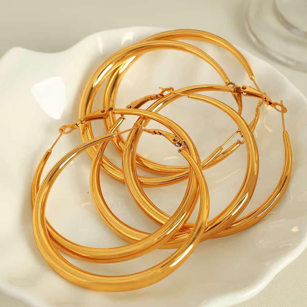 DHcollection Oudiya Jewelry EH02 Thick Large Gold Plated Earrings, New Plain Round Earrings