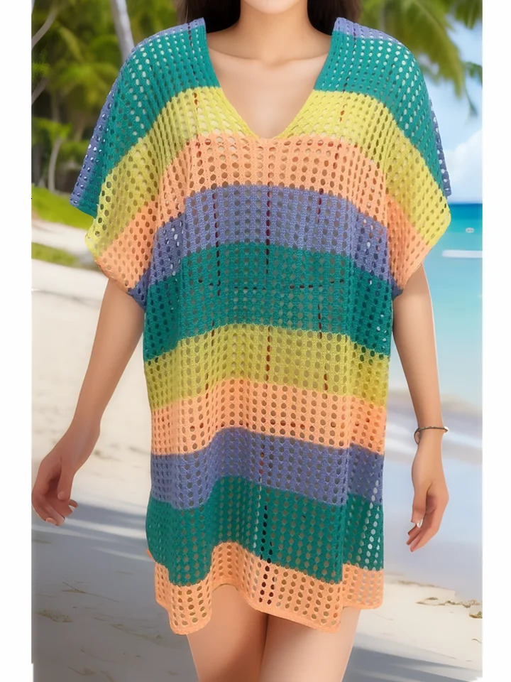 2024 Knitted Beach Wear Womens Summer Corchet Swimsuit Cover Striped Sun Skirt Vneck Split Green 250415Z