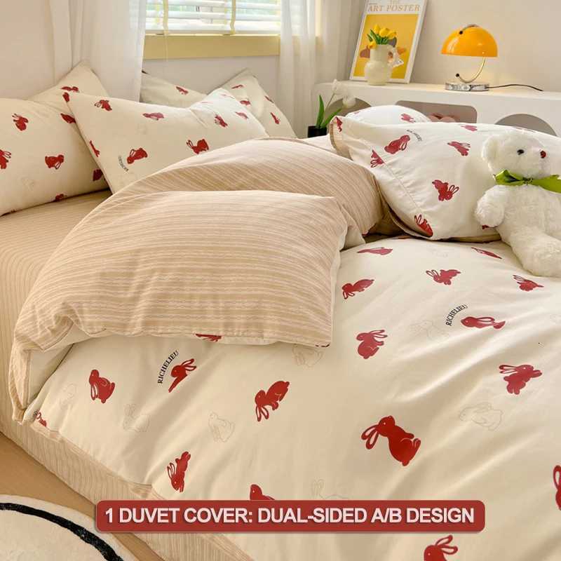 100 Cotton Duvet Cover Set Bedding Set- Red Bunny Striped Design Duvet Cover with 2 cases Soft Breathable BeddingM251118