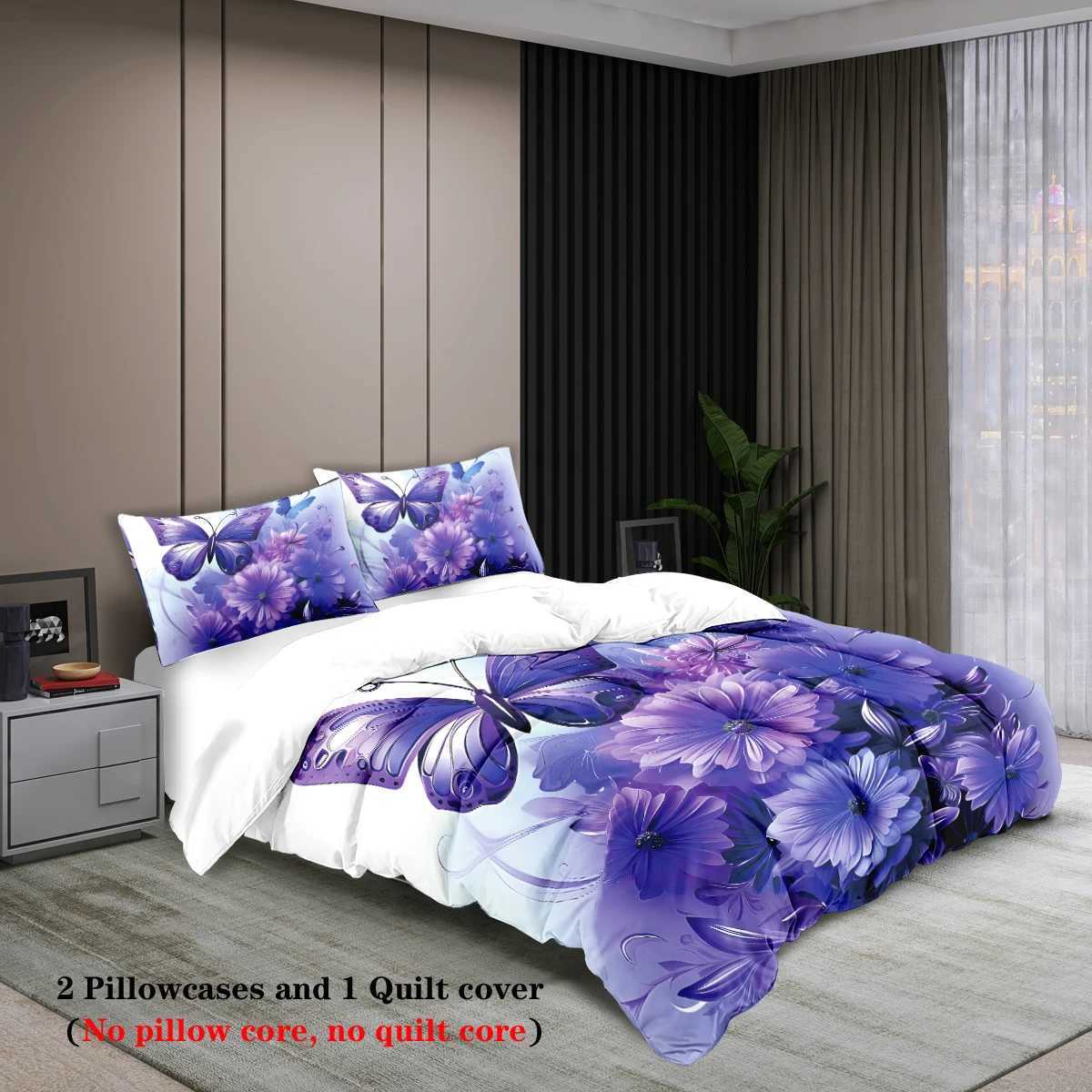 3pcs fashionable purple butterfly printed bedding set soft and comfortable for women bedroom queen king and twin bedM251118