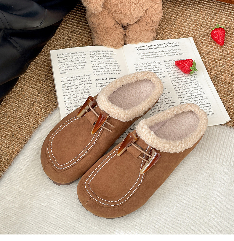 Lightweight and versatile one foot high rise thick soled hairy slippers for womens outdoor wear 2025 new autumn and winter plus velvet Boken shoes 241