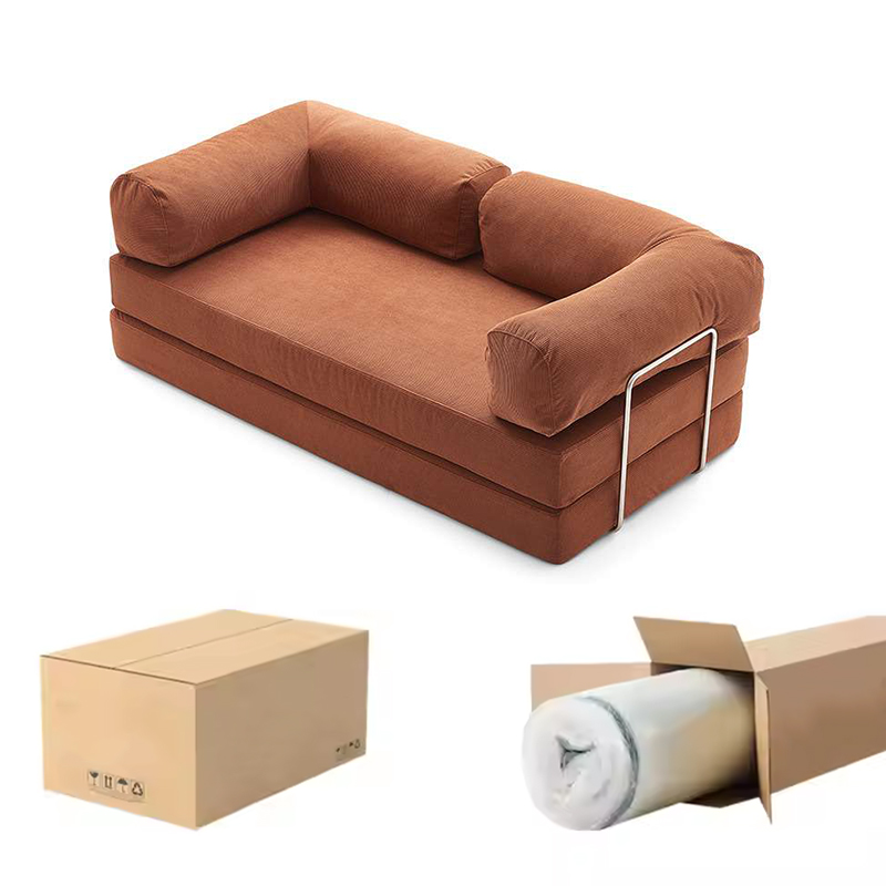 Compressed Foldable Sofa Bed, Convertible Corduroy Couch Bed with Metal Accents, Space-Saving Multi-Functional Sofa for Small Spaces-orange-red