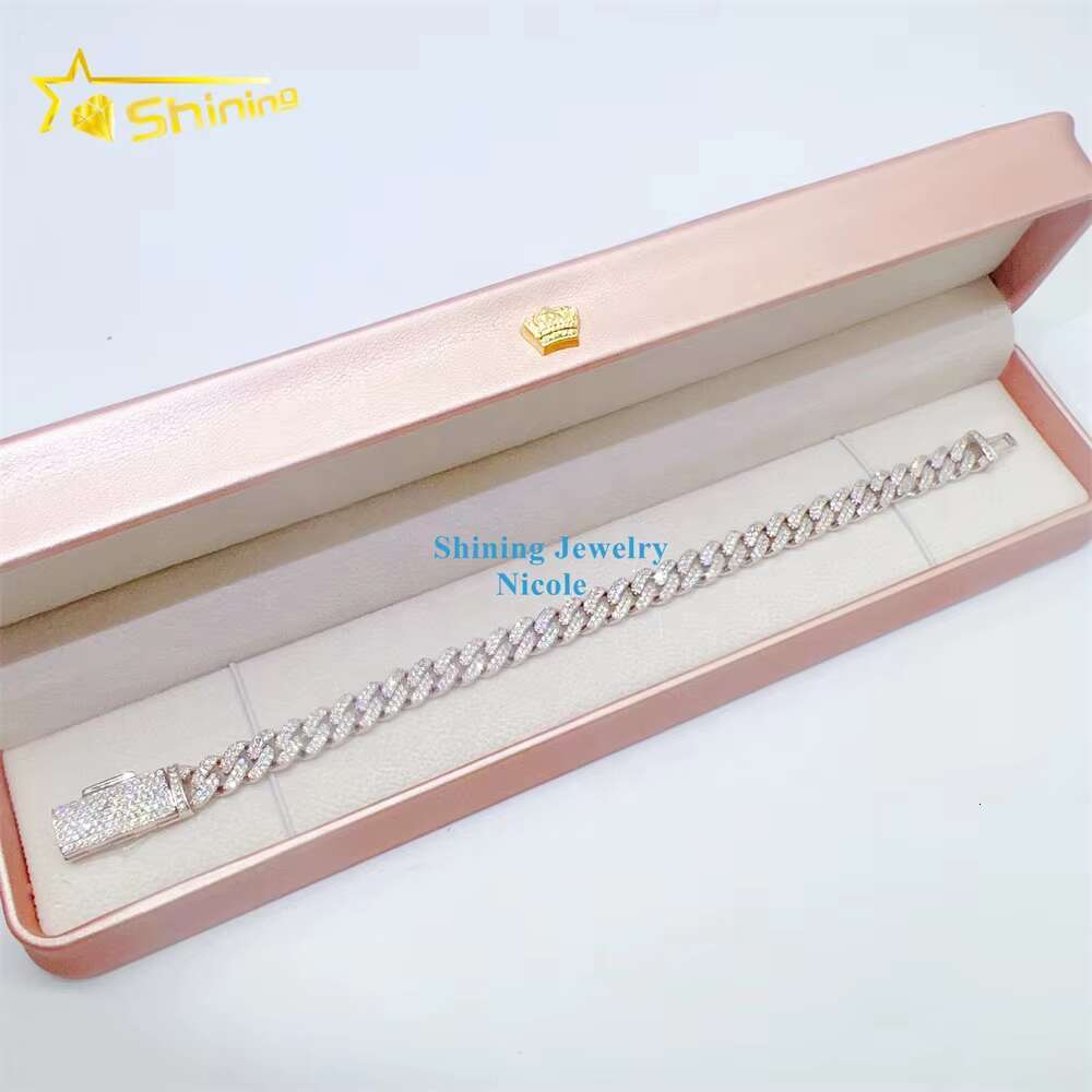 Top Quality Sier Iced Out Custom Hip Hop Jewelry Moissanite Chain 8mm Cuban Link Bracelet