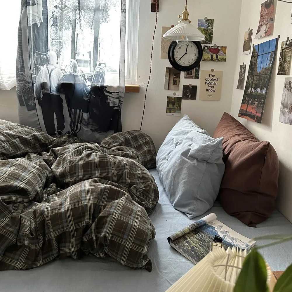 Queen Size Blue Brown GreenPlaid Duvet Cover Set - 3 Piece Vintage Aesthetic Bedding Set 100 Washed Cotton MM251118