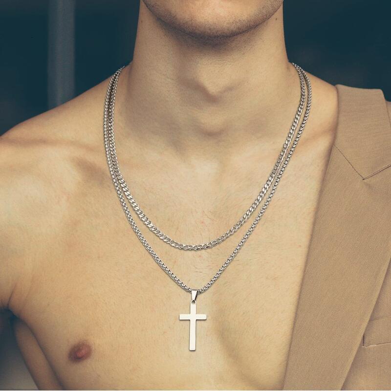 Real Men's Stainless Steel Necklace Cuban Chain Black Sier Gold Layered Cross Pendant