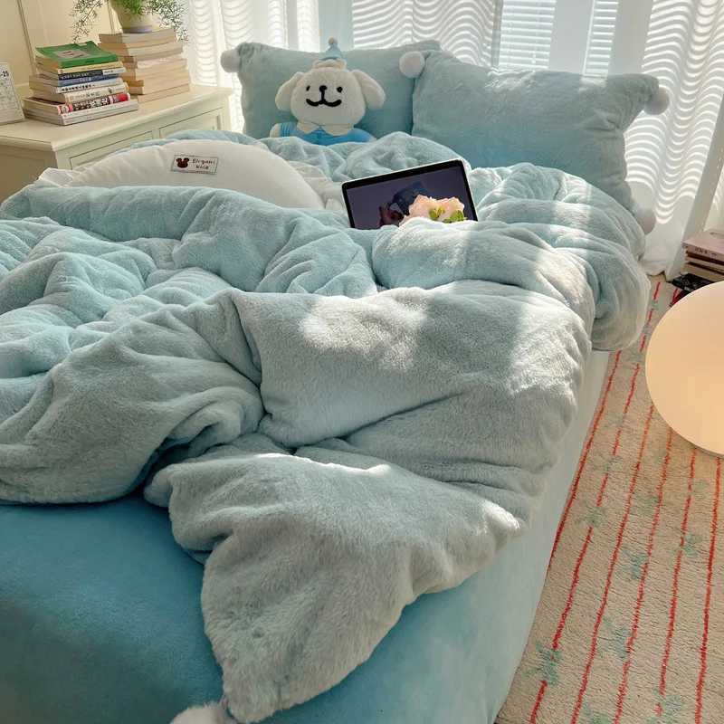 2024 new winter thickened rabbit plush bed four-piece set premium plush bedding coral flannel quilt coverM251118