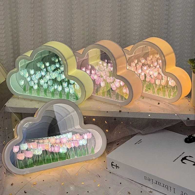 LED Night Light Mirror Table Lamp Bedroom Decor Lights New Handmade DIY Tulip Flower Sea Night Atmosphere Lamp Clouds Tulip Lamp M251118