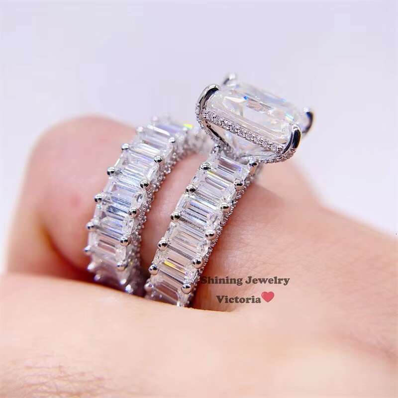 Bridal Jewelry Women Fashion Solid Sier VVS Moissanite Wedding Set Baguette Cut Ring Band