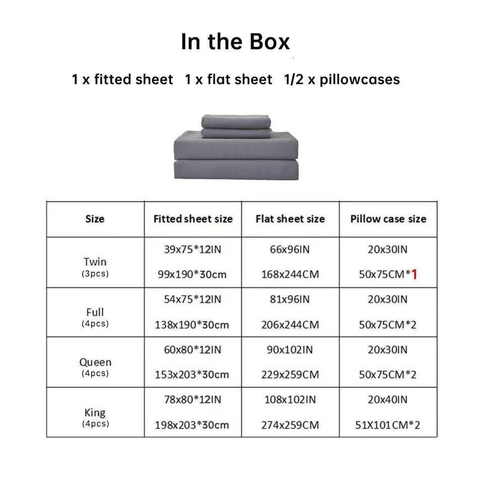 3/4pcs Solid Beding Set Waterproof Fitted sheet Bed Sheet cases Soft Queen KIng Full Twin Size White and GrayM251118