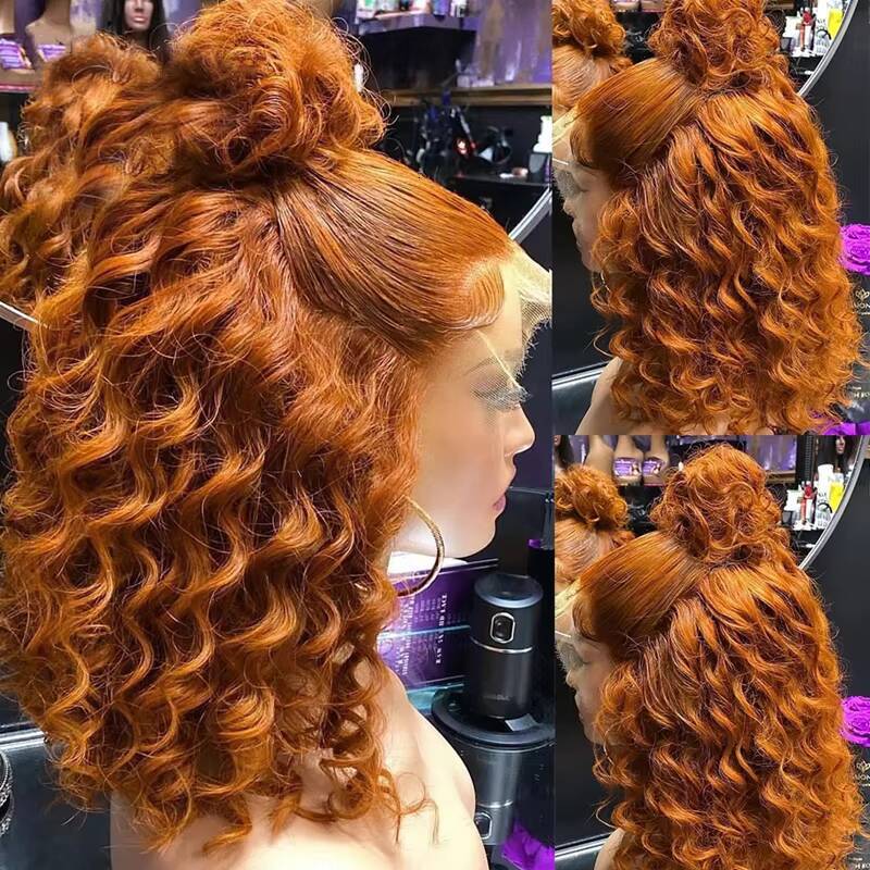 Double Drawn Short Wig Ginger Color Big Loose Curly Raw Indian Hair Transparent HD Lace Front Wigs