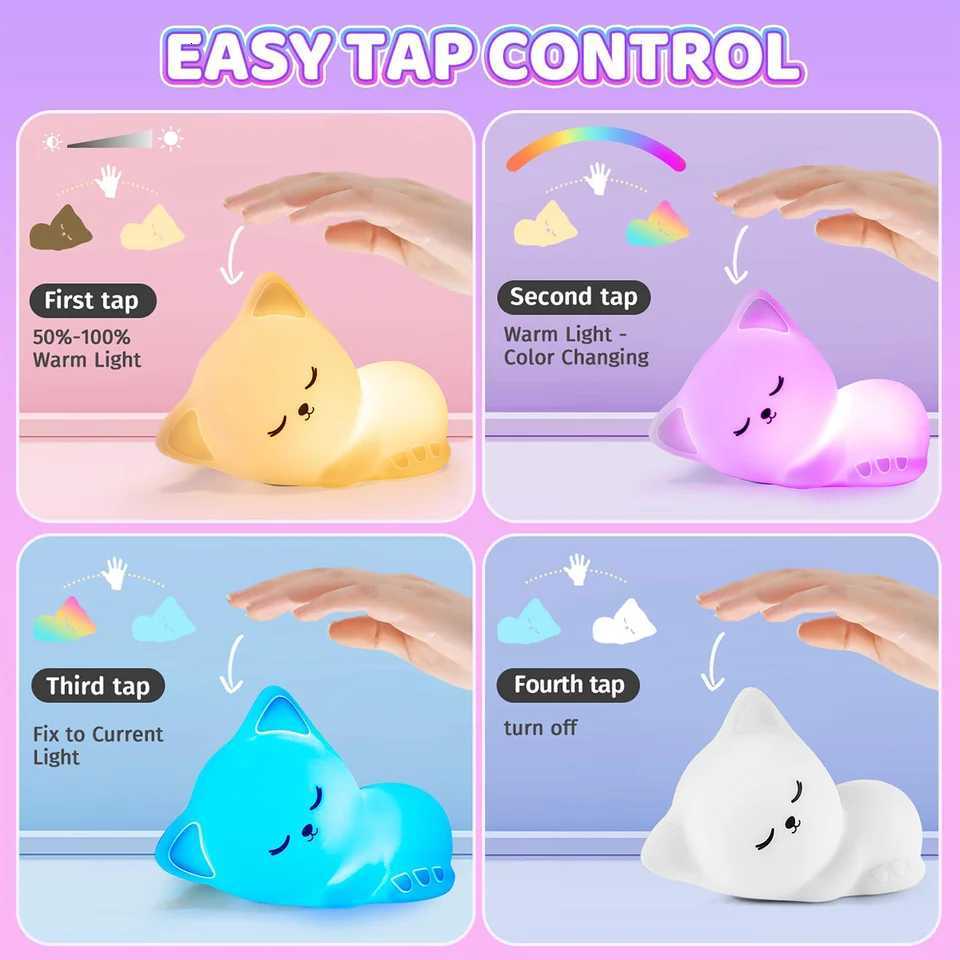 Soft Kitten Night Light Bedside Led For Bedroom Silicone Animal Lamp Room Decor Cartoon Decorative Table Lights Cat Rechargeable M251118