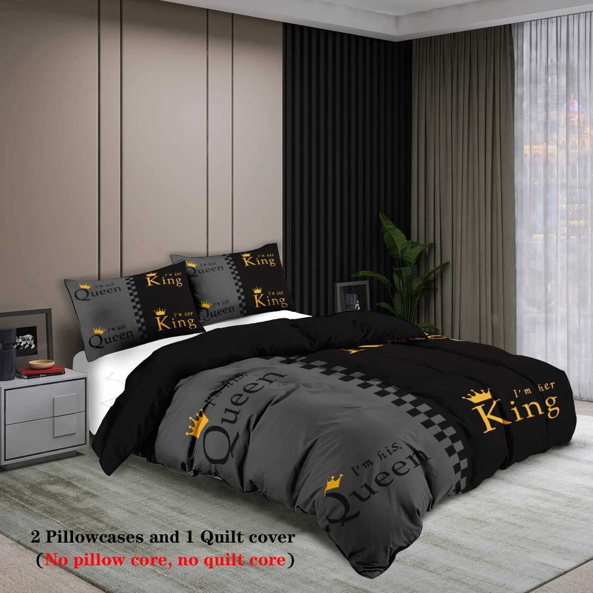 3pcs fashionable black gray crown design printed bedding set soft comfortable and breathable down duvet cover bedroom hotelM251118
