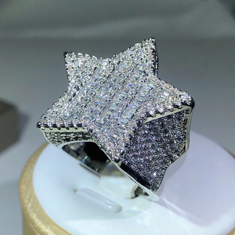 925 Silver Star Diamond Rings For Manwomen Solid White Yellow Gold Rings Shine Hiphop Jewlery Gifts 250417