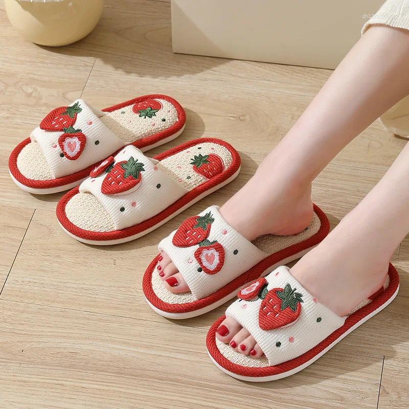 Slippers Fashion Soft Ladies Casual Cute Strawberry Pattern Comfortable Slip On Linen Home Bedroom Living Room Shoes For Women