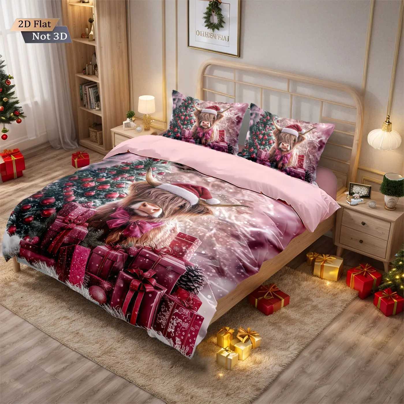 3pcs Red Christmas Highland Cow Gift Print coreless Bedding Set Soft Dormitory Bedroom Multiple Sizes Machine WashableM251118