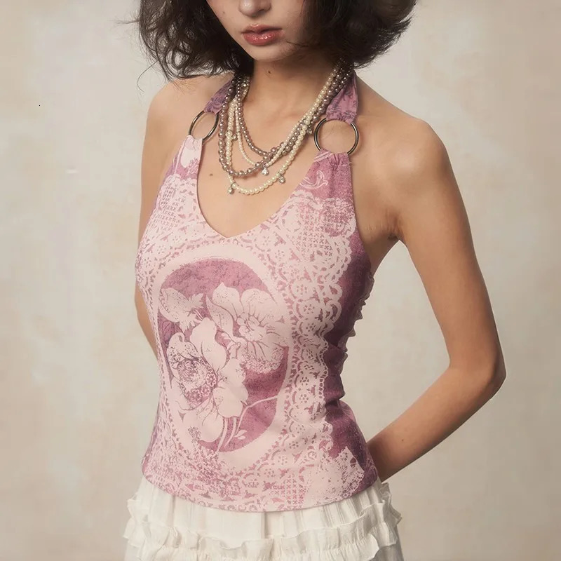 Karrcat Japanese Y2k Halter Tops Grunge Aesthetics Purple Tank Top Vintage Harajuku Flower Print Camisole Backless 2000s Retro 250410