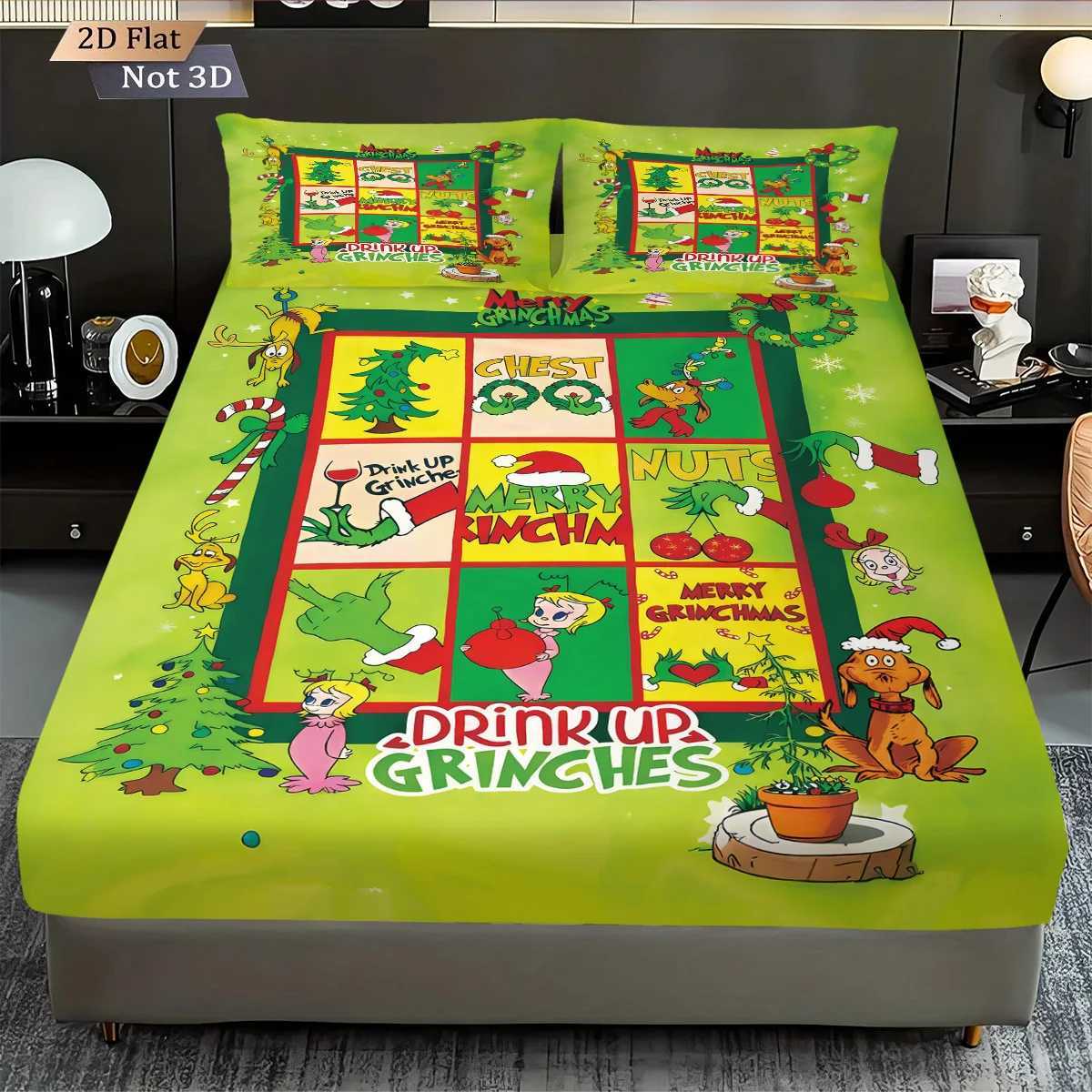 3 green Christmas cartoon print coreless bedsheet set multiple sizes comfortable bed covers bedroom bedding holiday decorationsM251118