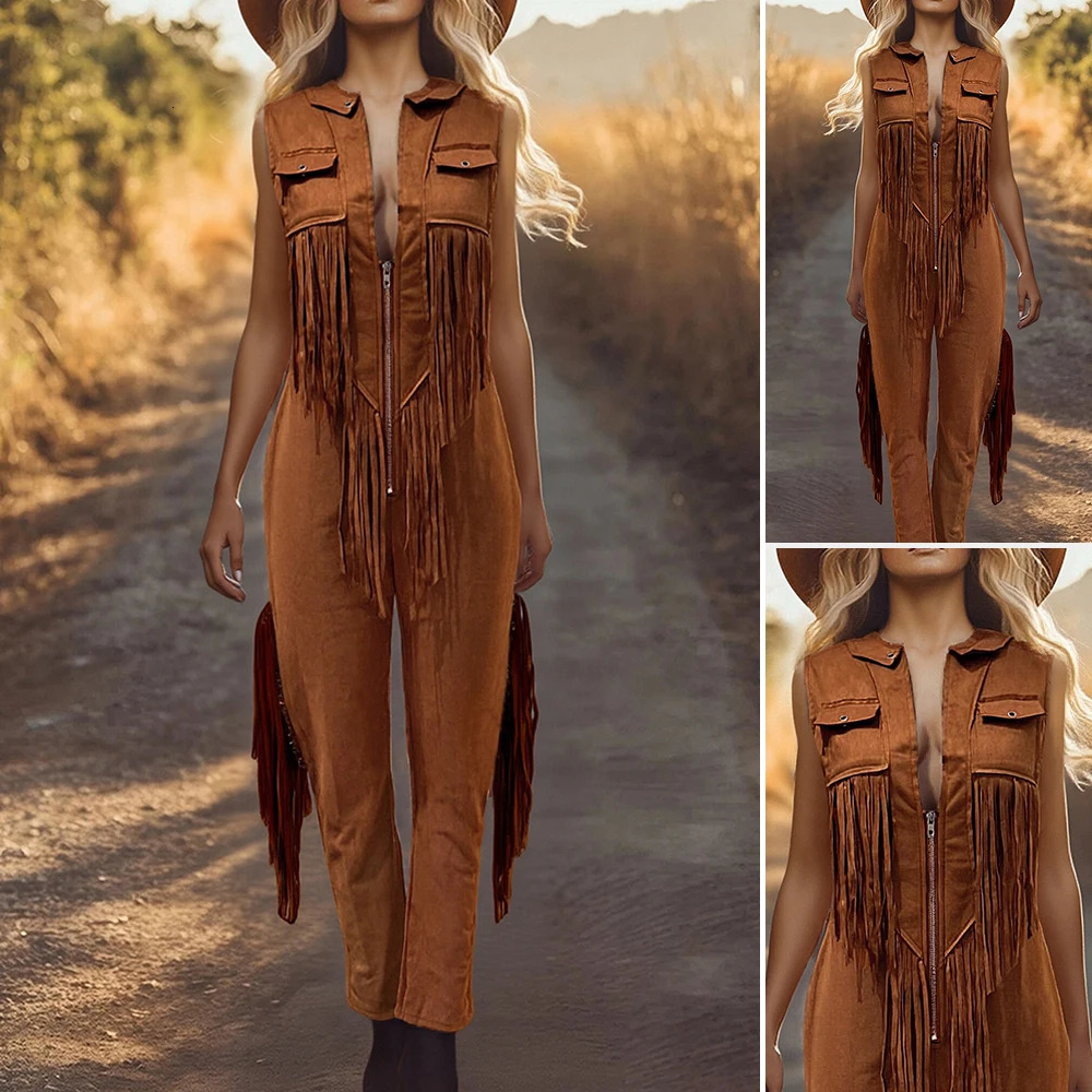 Womens Spring Autumn Jumpsuits 2025 Sleeveless Fringe Detail SplitNeck AnkleLength Jumpsuit for Bohemian Vacation Style 251110