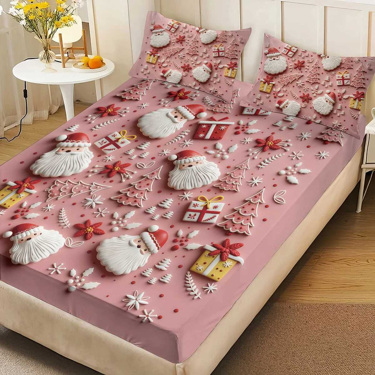 3pcs Pink Santa Claus Printed Chipless Bed Sheet Set Multi Size Soft Bed Cover Bedroom Bedding Decoration Machine WashableM251118
