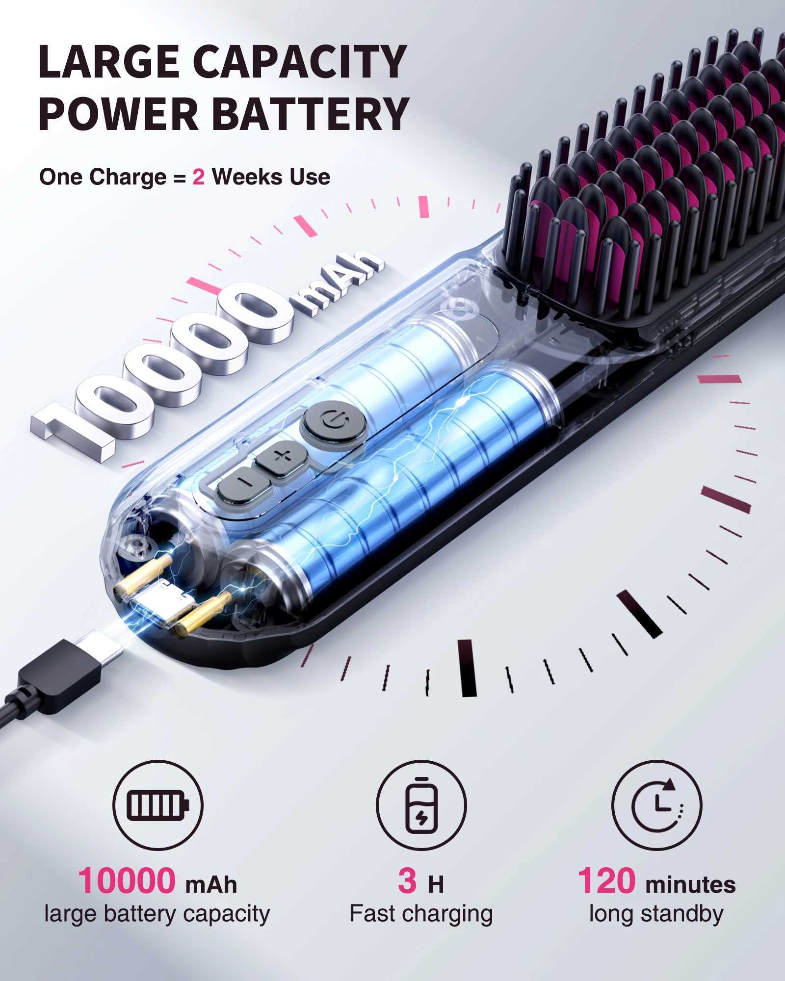 BOPCAL Cordless Hair Straightener Brush 10000mAh LED Display Negative Ions Hair Care Ceramic Electric Hot Heating Comb W250610