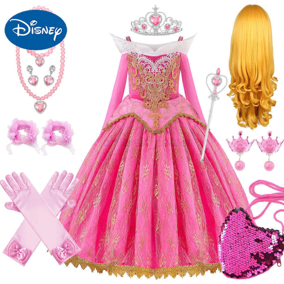 Disney Girls Sleeping Beauty Aurora Princess Dresses Halloween Cosplay Costume Off Shoulder Kids Fancy Party Children Clothing 4-10 Yrs W20250418