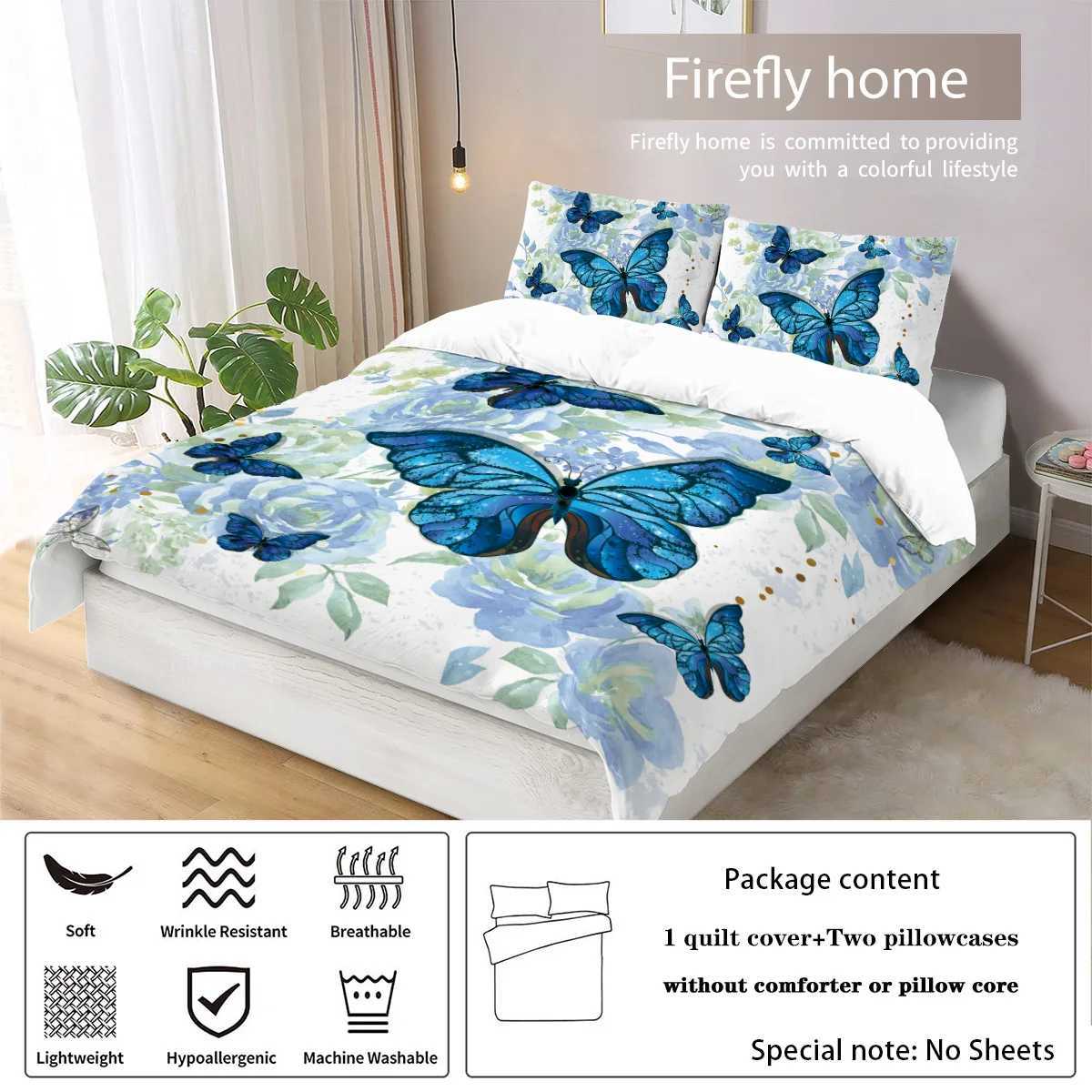 3-piece down duvet cover set with blue butterfly rose pattern print 1 duvet cover2 cases no core bedding setM251118