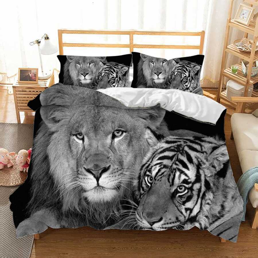 Lion Tiger King Queen Duvet Cover Lovely Wild Animals Bedding Set For Kids Teens Adults Wildlife Grey Black 2/3pcs Quilt CoverM251118