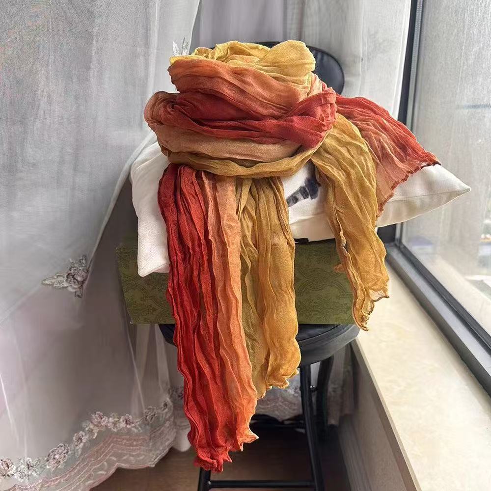 PPPP cotton and linen scarf female retro tie-dyed linen contrast color matching gradient shawl literary wrinkled light cotton neck scarf