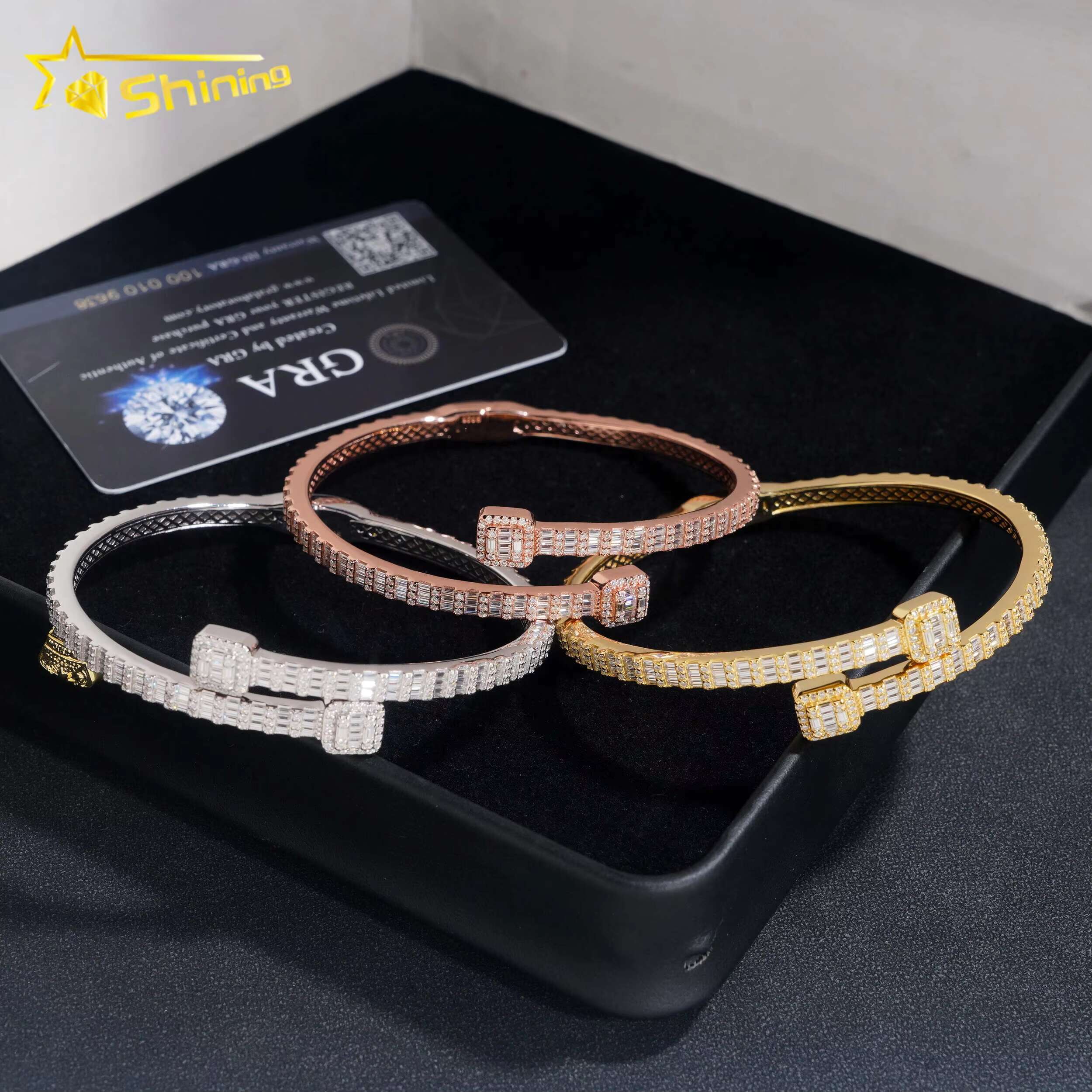Ready Shipping Fine Jewelry S Sier Gold Plated VVS Baguette Moissanite Dia Bangle Bracelet GRA Certificated
