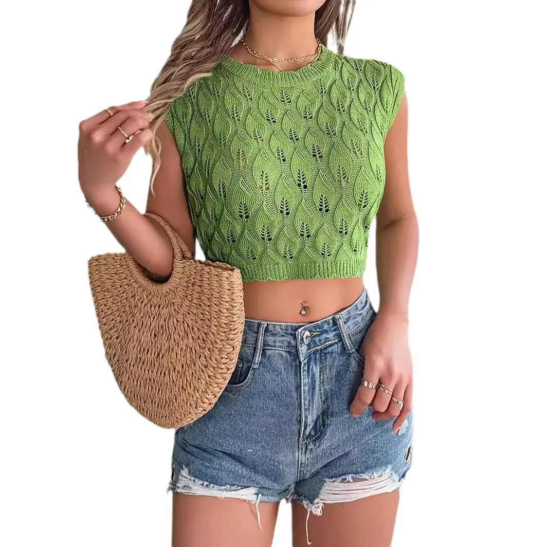 Summer Womens Sleeveless Tops Solid Color Hollow Out Ladies T-shirt Slim Fit Cropped Knitted Tops Vacation Womens Clothing 250417