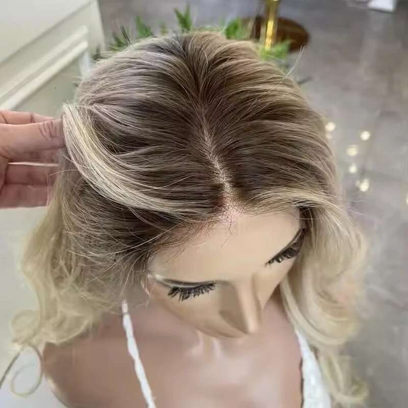 Super Natural Glue-Free Blonde Highlights Raw Russian Unprocessed Hair Je Silk Top Lace Front Wig