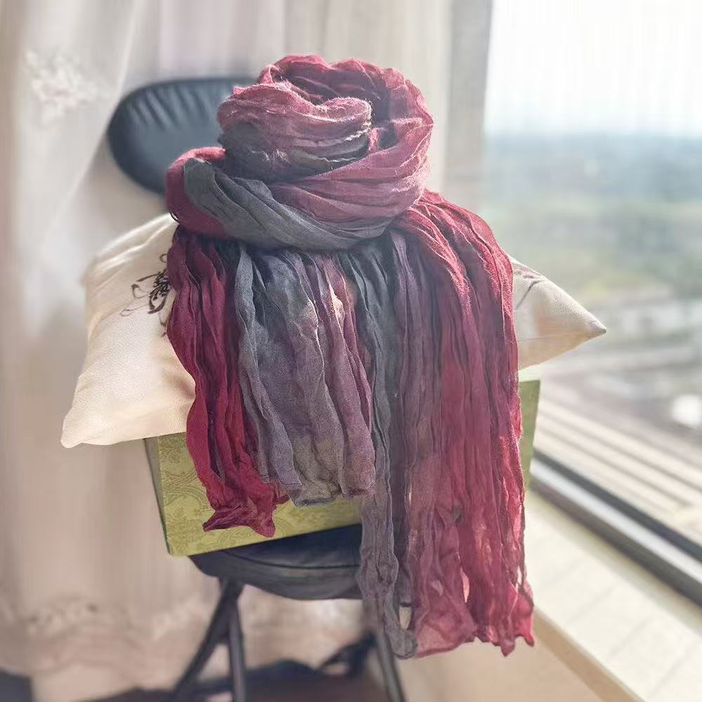PPPP cotton and linen scarf female retro tie-dyed linen contrast color matching gradient shawl literary wrinkled light cotton neck scarf