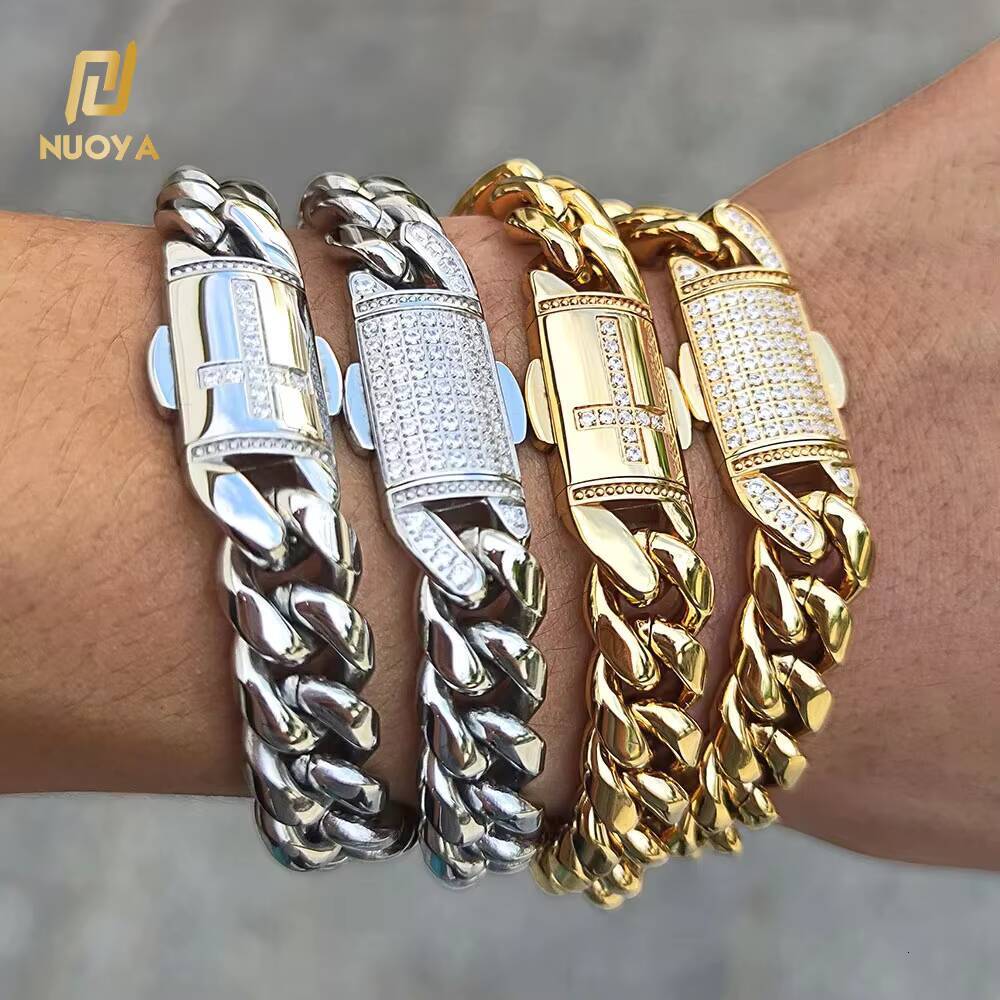 NUOYA Hip Hop Chain Mens Gold Bracelets 18k Gold Plated Chain Miami Stainless Steel Cuban Bracelets Fine Jewelry Wholesale