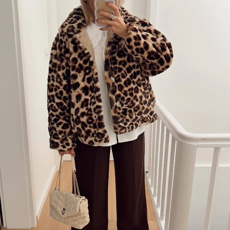 Women's Jackets Collared Reversible Quilted Cotton Jacket Fashion Leopard Print Pocket Medium-Thickness Top