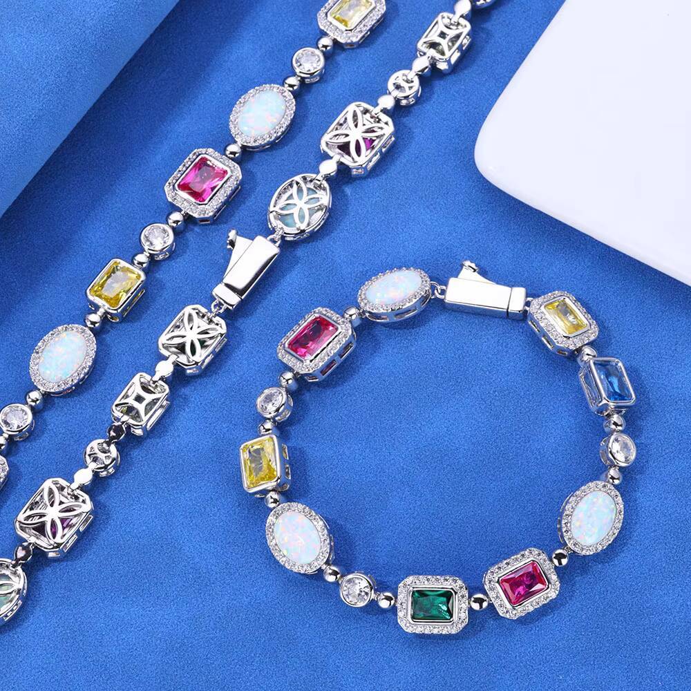 NUOYA Luxury Geometric Opal Bracelet 925 Silver VVS Moissanite Chain Multi-Color Zircon Fine Jewelry