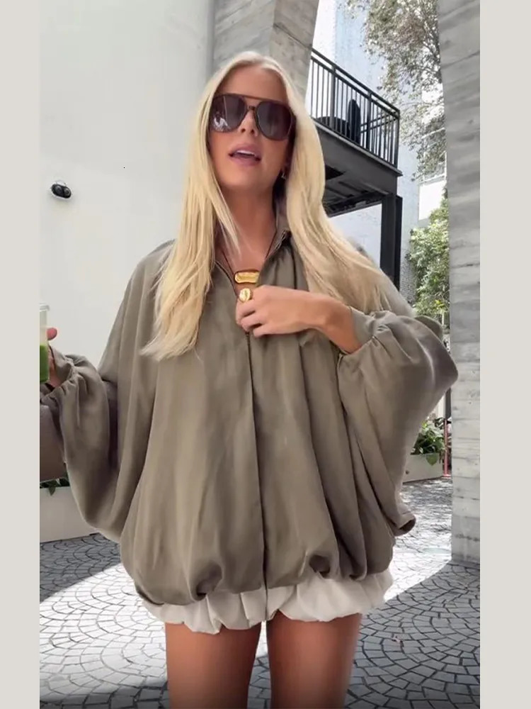Fashionable womens solid loose suede jacket fashionable bubble long sleeved lapel zipper oversized pleated Year 250418