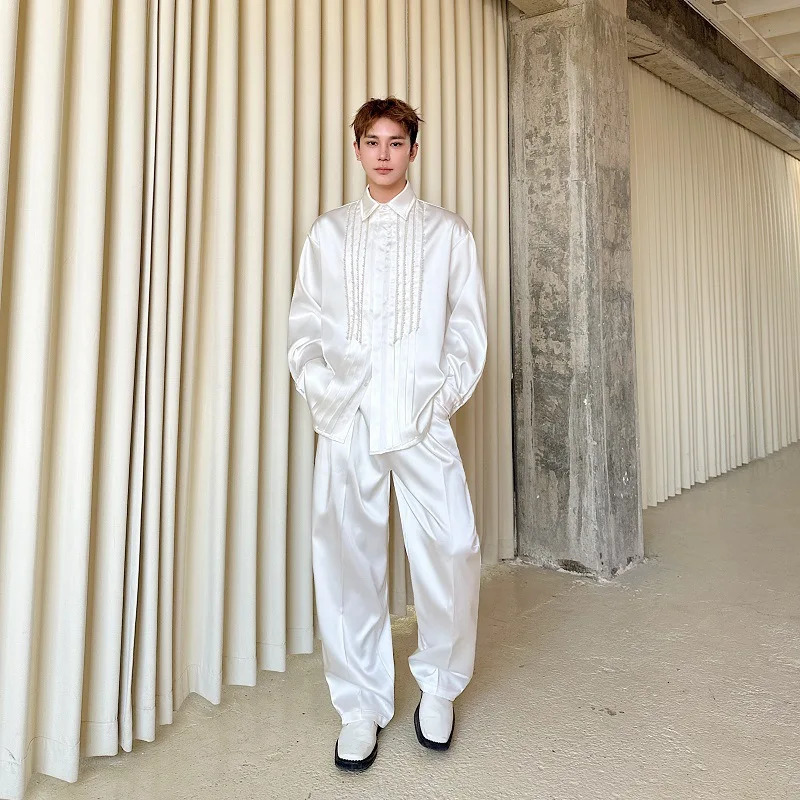 Spring Brocade Lapel Handmade Beaded Long-sleeved Mens Casual Solid Color Versatile Personalized Shirt 250417