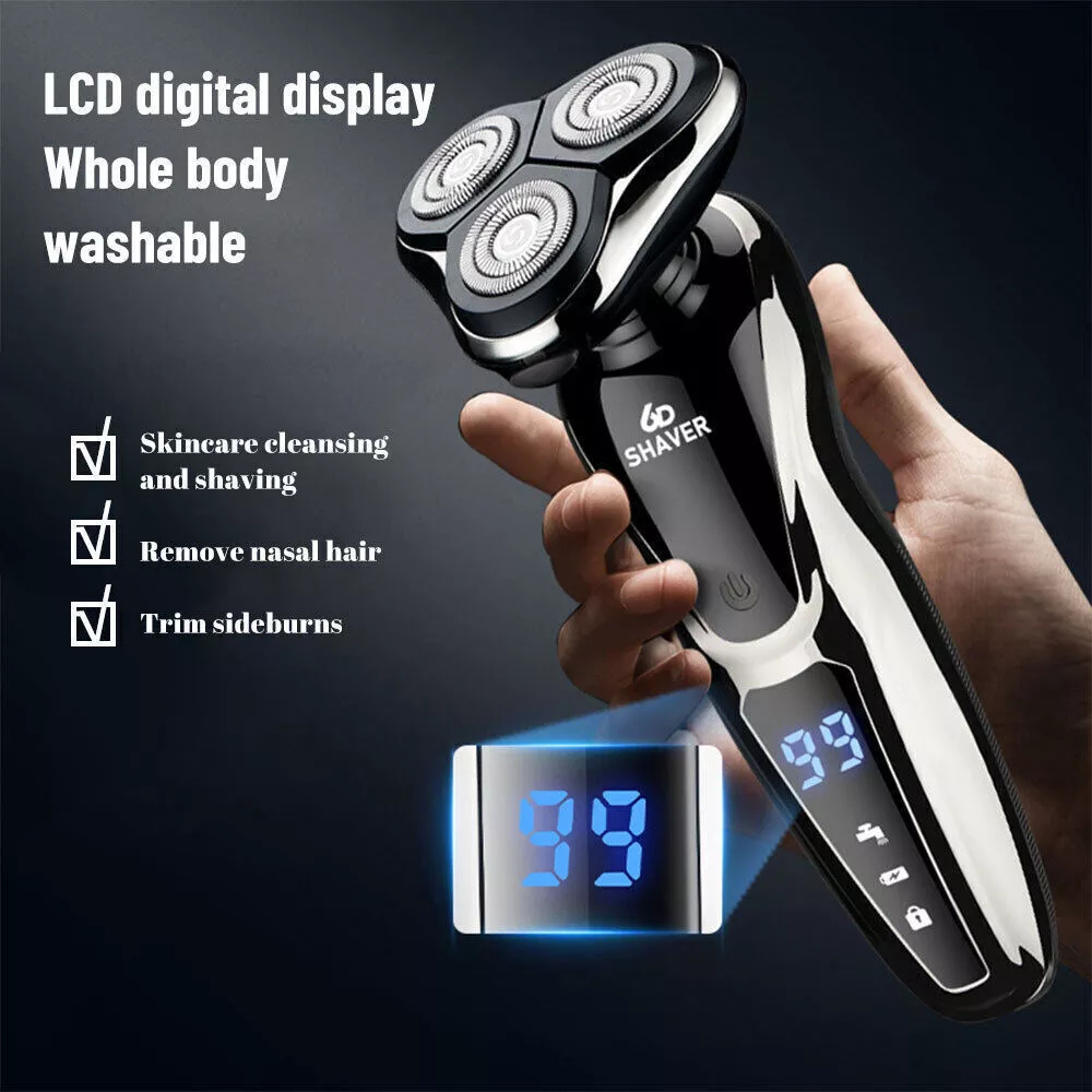Men's Wet/Dry Electric Shaver, USB Rechargeable Rotary Razor with LED Display, Fast Charging, and Floating 3-Blade Head for Smooth Shaving