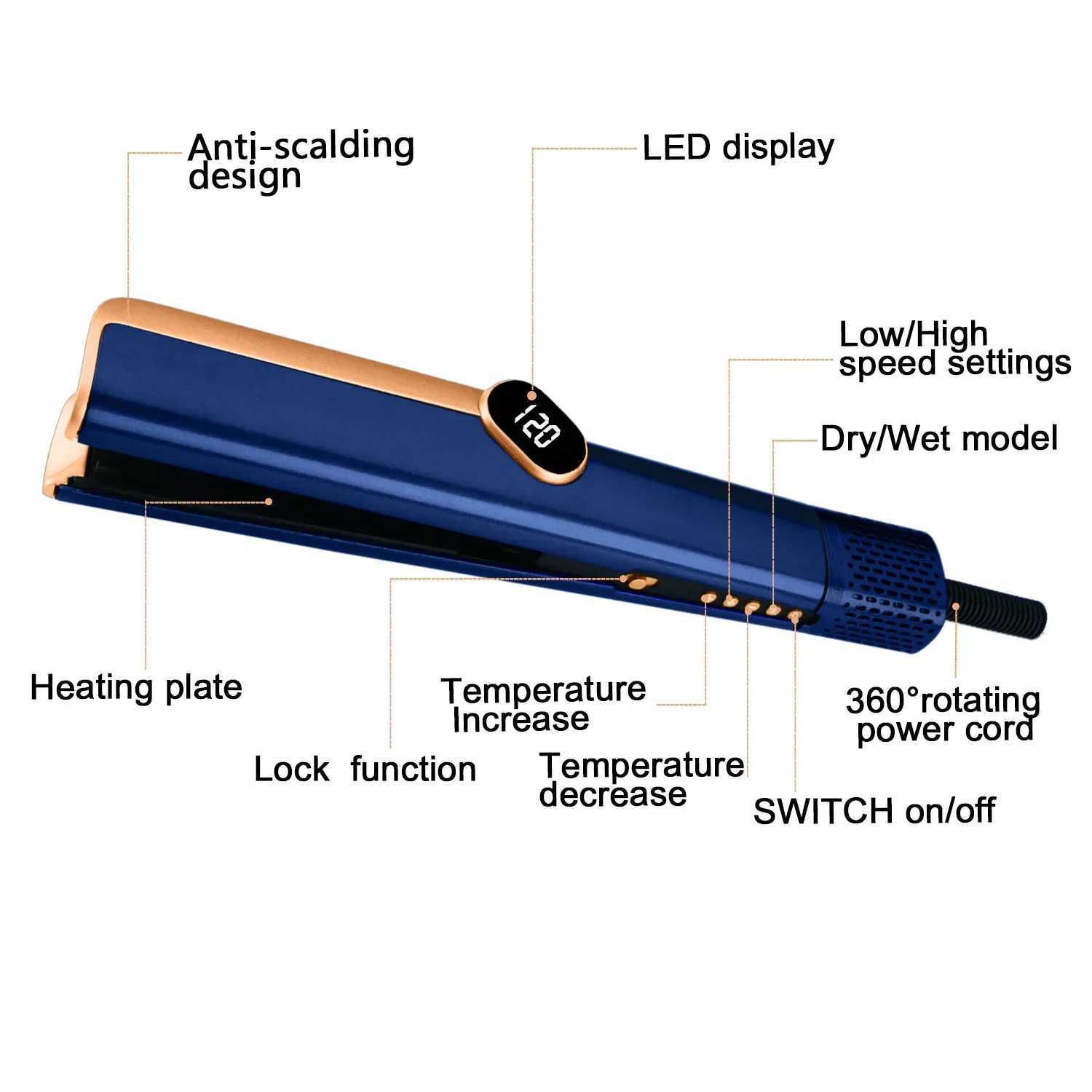Multi style 2-in-1 LCD display screen hair dryer and drying straightener ion portable air styling straightener W250418